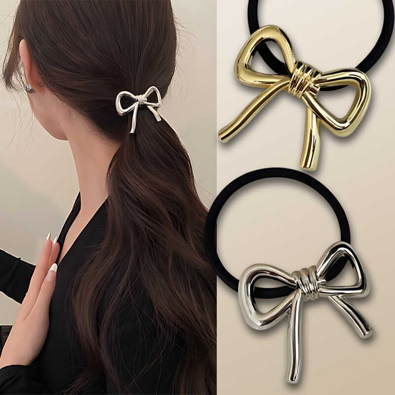 Silicone Band Women - Tali rambut busur logam indah Korea